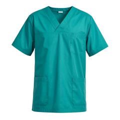 Turquoise medical scrubs top with V-neck, short sleeves, and two front pockets