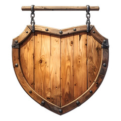 Weathered wooden sign, shield-shaped, hanging from chains and a wooden bar. Dark background