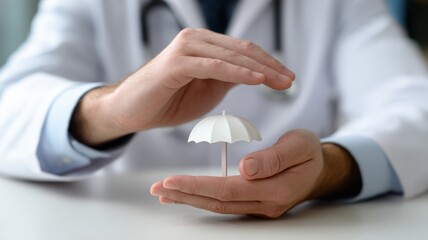 Doctor hands protecting small umbrella, representing health insurance and medical coverage concept