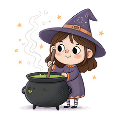 Cute Watercolor Little Witches Clipart Set – Kawaii Halloween Girls, Magic Cauldron and Broomstick