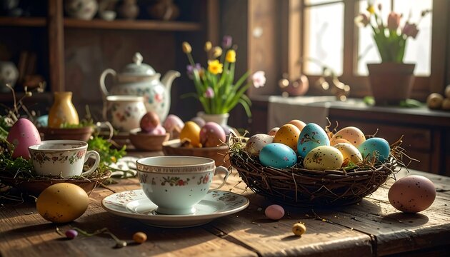 A rustic wooden table is laden with decorated eggs, teacups, and flowers, celebrating a spring holiday. Sunlight streams through a window