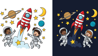 Vector art of children astronauts flying with rocket in space, stars and planets