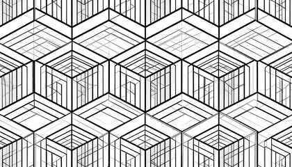 A repeating geometric pattern of overlapping, three-dimensional cubes and angular structures. It uses black lines on a white background