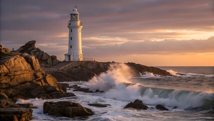 Naklejka premium Dramatic lighthouse on rocky coastline at sunset with crashing waves