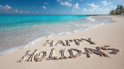 Happy Holidays Message Written in Sand on a Tropical Beach.