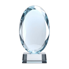 Rendered, transparent, oval-shaped trophy with a rectangular base, isolated on black