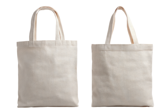 Two identical off-white canvas tote bags, front and side views, isolated on a black background
