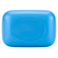 A top-down close-up of a smooth, sky blue soap bar on a black background