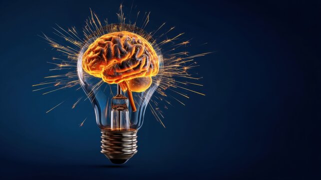 Creative spark illustrated by a light bulb with a brain inside, representing ideas and innovation