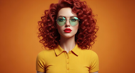 Obraz premium Young red-haired woman wearing retro glasses. Retro style, yellow tones. Vintage