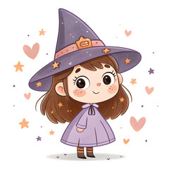 Cute Watercolor Little Witches Clipart Set – Kawaii Halloween Girls, Magic Cauldron and Broomstick