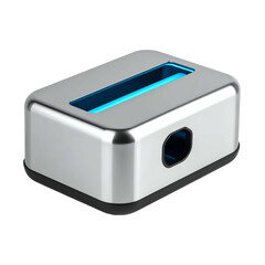 A shiny, metallic rectangular box with a blue rectangular opening at top. A dark hole on side