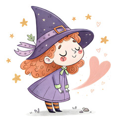 Cute Watercolor Little Witches Clipart Set – Kawaii Halloween Girls, Magic Cauldron and Broomstick