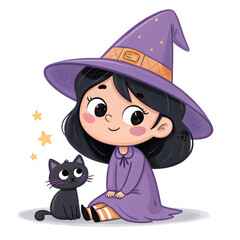 Cute Watercolor Little Witches Clipart Set – Kawaii Halloween Girls, Magic Cauldron and Broomstick