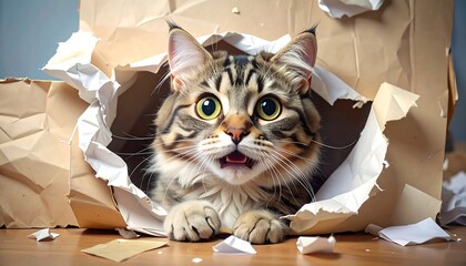A surprised tabby cat peers through a ripped brown paper bag on a wooden surface, with a light gray background