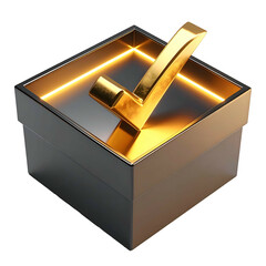 Metallic box with gold interior and a shining checkmark, lit from within, on black