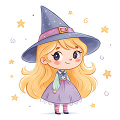 Cute Watercolor Little Witches Clipart Set – Kawaii Halloween Girls, Magic Cauldron and Broomstick