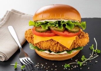 Crispy Fried Chicken Sandwich with Melted Cheese, Pickles, Tomato & Lettuce on Brioche Bun