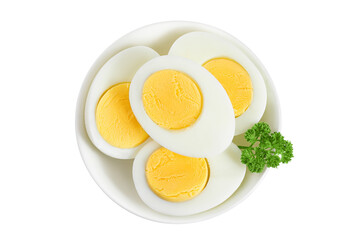 Boiled chicken egg in ceramic bowl isolated on white background. Top view. Flat lay