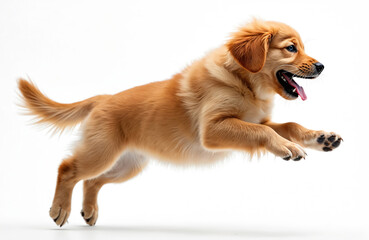 Golden retriever puppy in mid air on white background. Young dog runs and jumps. Pet animal is happy and active. Puppy isolated with copy space. Concept of joy fun.