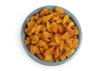 Yellow Raisins in ceramic bowl isolated on white background. Top view. Flat lay