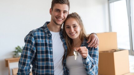 Young couple smiles holding keys to their new home, surrounded by moving boxes in an apartment. Homeownership is exciting.