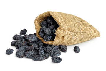 black raisins in bag isolated on white background