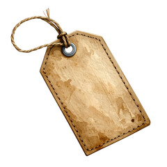 Aged, rectangular paper tag with a twisted rope tie and metal grommet. Dark background