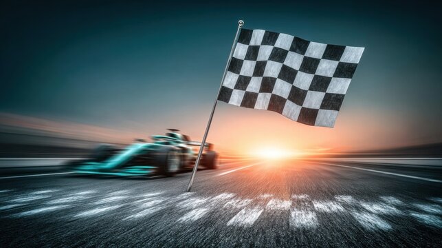 Race car speeds past the checkered flag at sunset during an exciting motorsport event