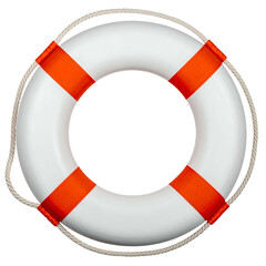 A white life preserver with orange stripes and a rope. Black background