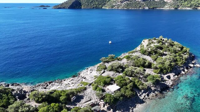 Aerial View of Gemile Island and Bay in Fethiye, Turkey