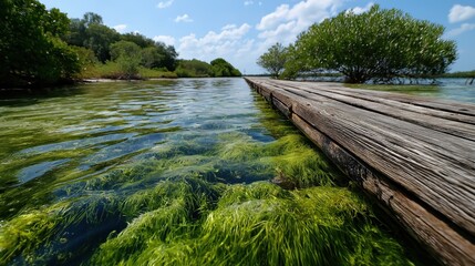 Wooden Pier Over Shallow Green Seagrass