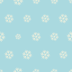 Winter pattern with snowflakes. White snow flakes on gentle light blue background. Seamless vector texture for packaging, cards, banners design, print for baby's fabric, fun textile, cover, wallpapers