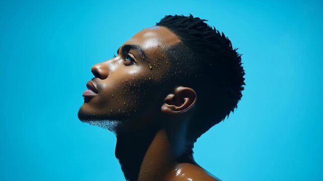 Side Profile Of Man Under Falling Water Drops On Bright Blue Background