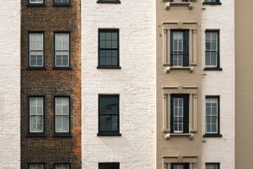 Fototapeta premium Urban architecture showcases a blend of brick and painted facades in a historic district with distinct window styles and textures during midday