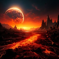 A surreal landscape features a fiery river winding through a desolate terrain, under a giant, luminous celestial body. The sky is ablaze with red and orange hues
