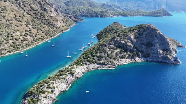 Aerial View of Gemile Island and Bay in Fethiye, Turkey
