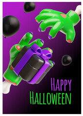 Happy Halloween spooky party 3D poster vector design, creepy zombie green hand gives a gift box, monsters walking dead
