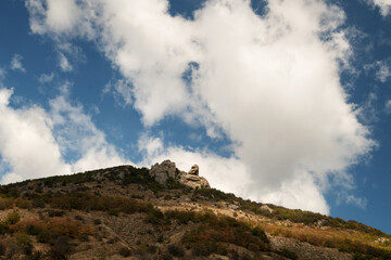 view at mountain Demerjy, at "valley of ghosts" from down point at sunny day. Crimea, Russia