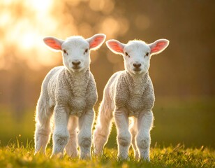 Fototapeta premium Two fluffy lambs stand in a field, backlit by golden sunlight