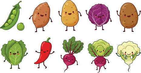 Farm Fresh Vegetable Characters – Cute Carrot, Cabbage, Pepper, and Broccoli Illustration