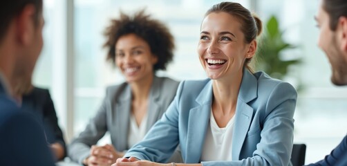 Diverse team in office meeting. Woman laughs heartily during corporate training session. Colleagues engage in discussion and collaboration. Positive work environment.
