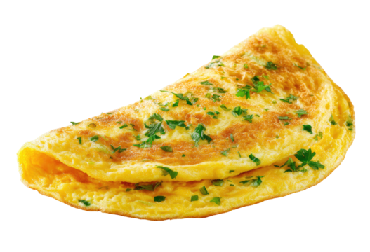 A single, golden-brown omelet, garnished with fresh herbs, is presented in a close-up, isolated shot.  The folded, slightly irregular shape shows a cooked, slightly puffed texture