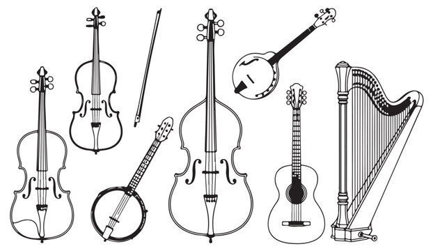 Vector art collection of acoustic string instruments such as violin, guitar, banjo, harp, and double bass for music and orchestra illustrations