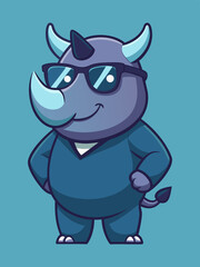 Cartoon rhino character with big horn and sunglasses wearing dark blue outfit standing confidently on teal background