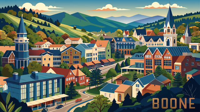 Very beautiful aerial view of Boone, North Carolina, USA, an old historical town in the Blue Ridge Mountains, featuring charming historic American architecture, winding streets, and scenic mountain su