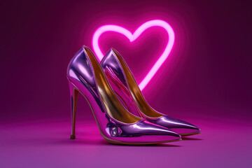 Pink metallic high heels and neon heart