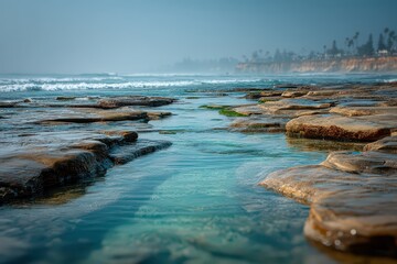 Scenic ocean view of tide pools and waves breaking, with rocky formations creating natural pools filled with crystal clear water under a soft, diffused light.