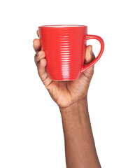 Hand holding a red cup isolated on white or transparent background