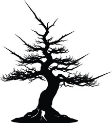 Spiky Bonsai Tree Silhouette - Dramatic Black and White Vector Art for Edgy Nature, Gothic, and Unique Designs